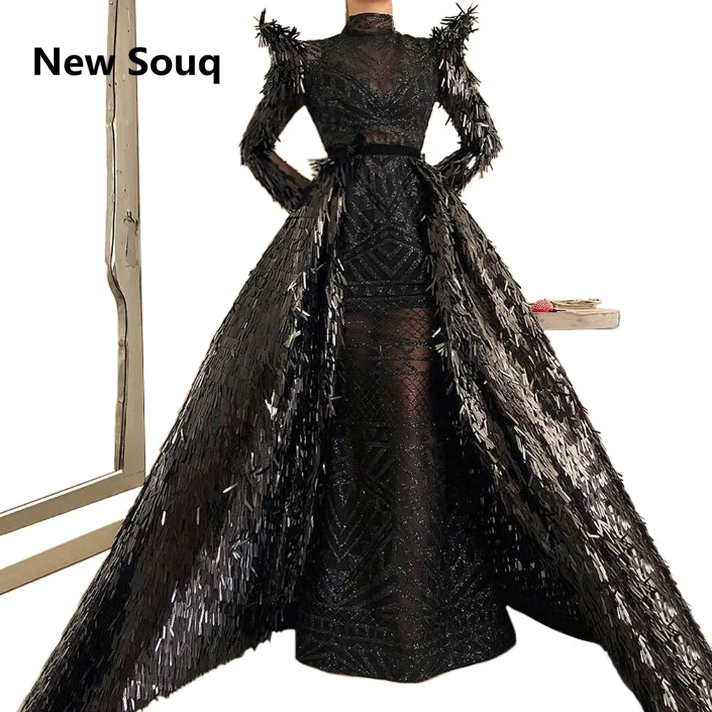 

Unique Black Evening Dresses with Detachable Skirt High Neck Long Sleeves Arabic Evening Gowns Sequins Lace Africa Prom Dress