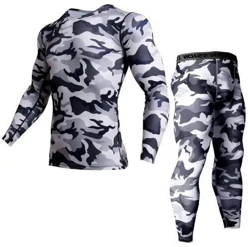 Günstige Männer Marke Kleidung Armee camouflage Thermische Unterwäsche Trainingsanzug set Crossfit Fitness Shirt Männer Leggings 2 stück Rashgarda MMA
