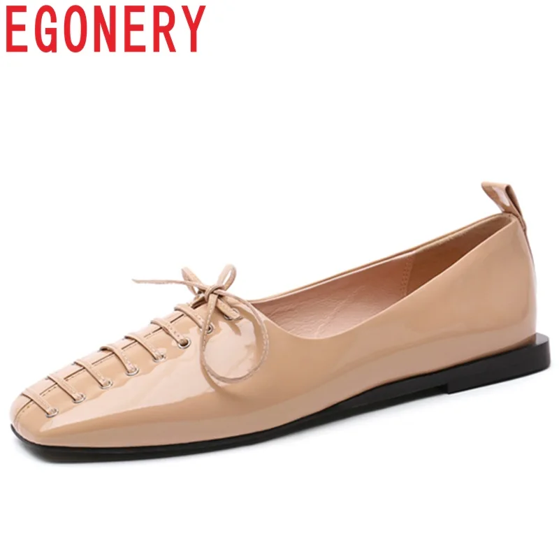

EGONERY office career flats patent leather woman flat Shoes spring Loafers casual apricot square toe women brand quality shoes