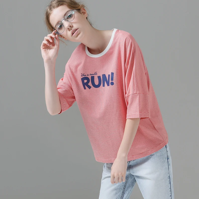 Toyouth Striped T Shirt Women 2018 Summer Hit Color Batwing Half Sleeve T-Shirts Loose Letter Printed Female Tee Camisetas Mujer