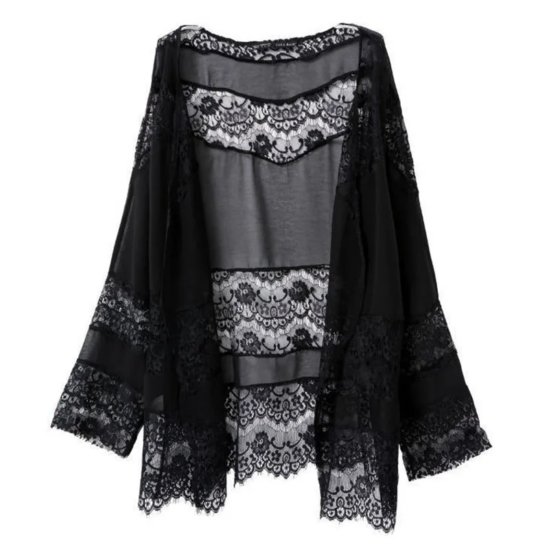 Lace Cardigan   New Arrival Spring Was Thin Black Chiffon Perspective Cardigan Lace Stitching Lace Loose Long   Sleeved  1761444