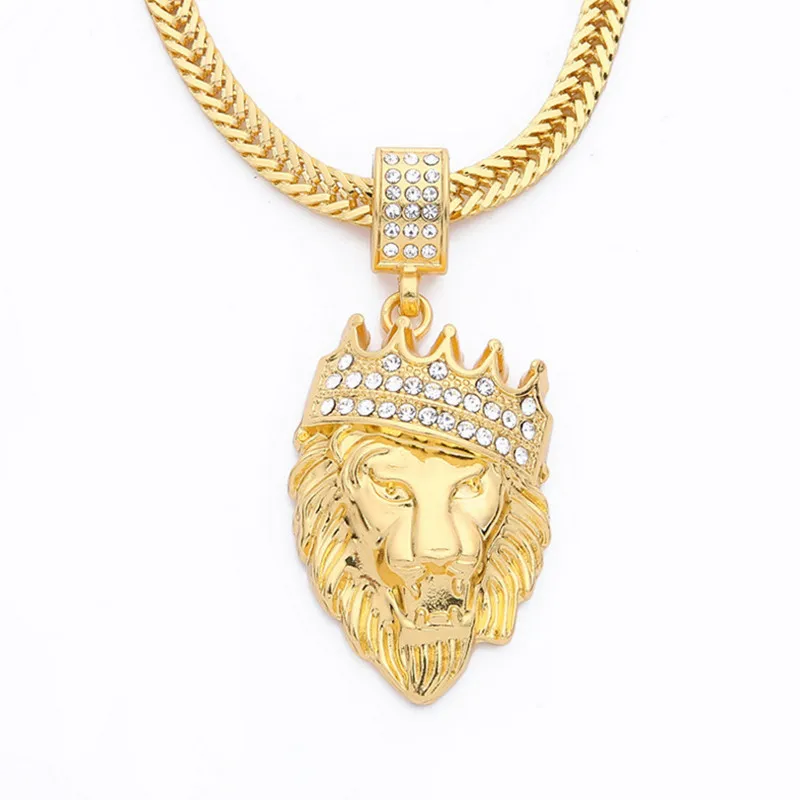 

New Fashion Man Personality Full Rhinestone Crown Lion Head Hip Hop Necklace Men's Neutral Gold Hiphop Pendant