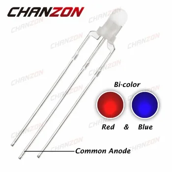 CHANZON 100pcs Common Anode 3mm LED Diode Light Red And Blue Diffused Round Bicolor 3Pin 3 mm Dual Color Light-Emitting Diode