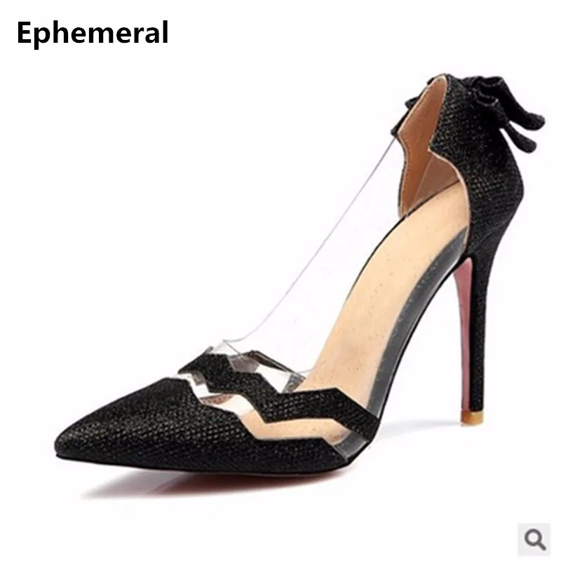 baratas Senhora Transparente Voltar Knot Sexy Alta Qualidade Super sapatos de Salto Alto mulheres Bombas Estiletes Sandálias Para mujer Femininas Ouro US12 14 15