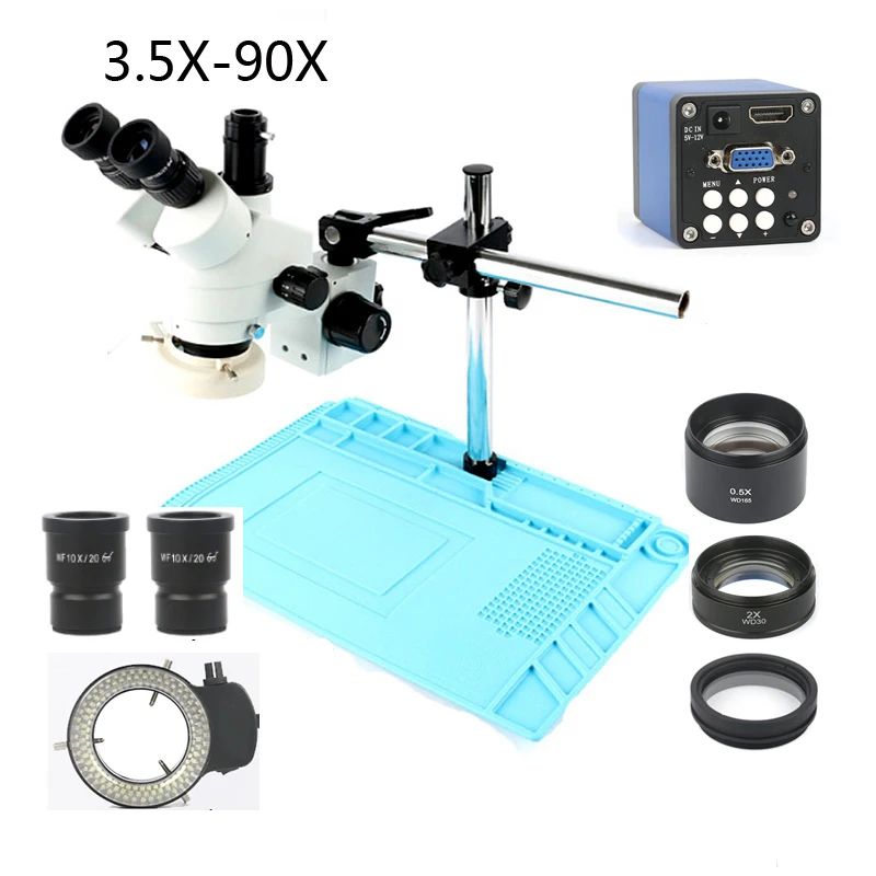 

New 7X-45X Trinocular stereo microscope z +13MP HDMI VGA industrial microscope camera +56 LED lights+ large size boom