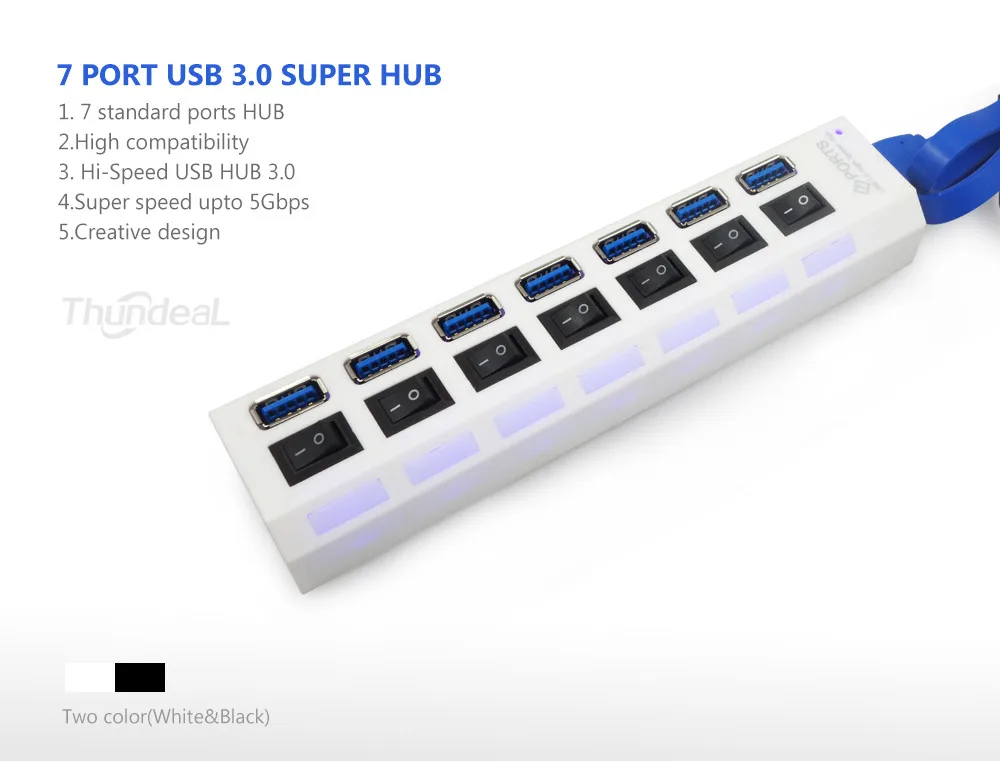 ThundeaL USB 3,0 концентратор Мульти 7 портов высокоскоростной концентратор 5 Гбит/с USB разветвитель с переключателем вкл/выкл периферийные устройства для ПК портативный компьютер