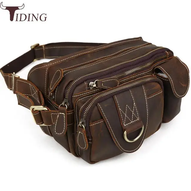 Tiding New Mens Cow Leather Waist Bag Vintage Fanny Pack Bum Hip Belt Pouch Large Capacity ...