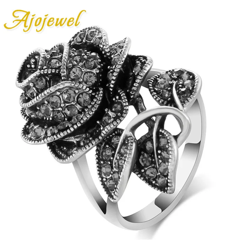 

Ajojewel Antique Style Rose Ring Thorn Flower Ring Black Rhinestone Women Rings Retro Jewelry Vintage Gifts 2019