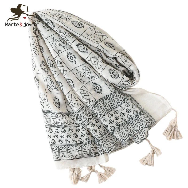 Marte&ampJoven Simple Plaid Line Print Beige Tassel Scarf for Women Soft Autumn Winter Warm Scraves Shawl Ladies Long Muslim Hijab |