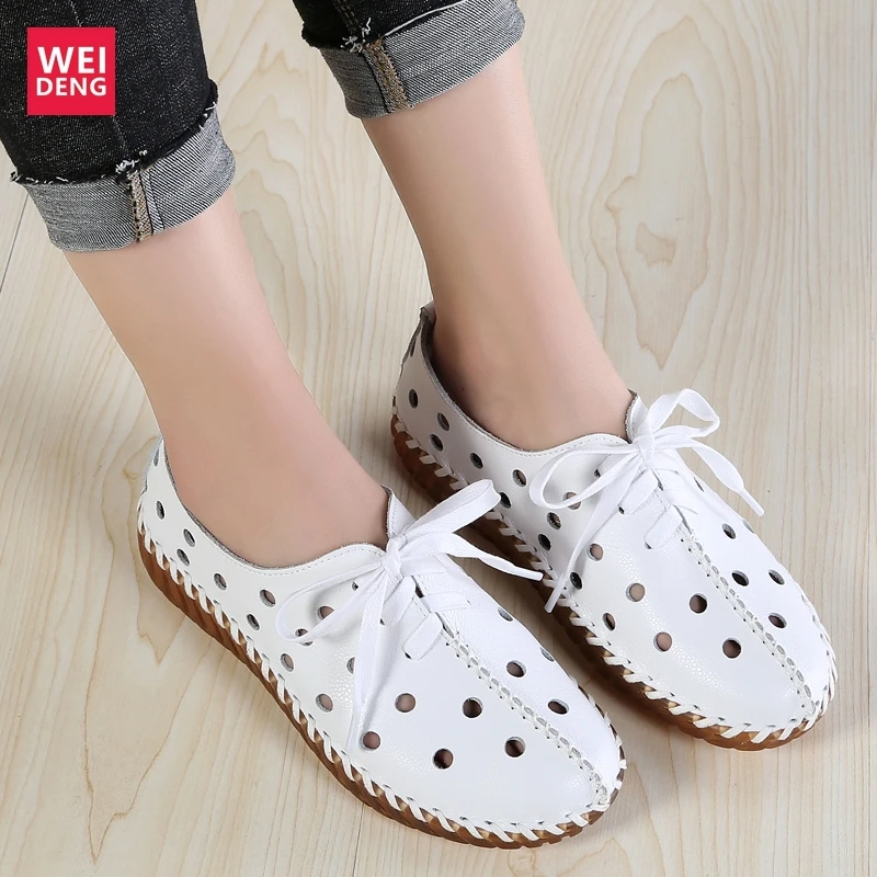 

WeiDeng Woman 100% Genuine Leather Casual Shoes Soft Sole Lace Up Comfortable And Soft Hollow And Breathable