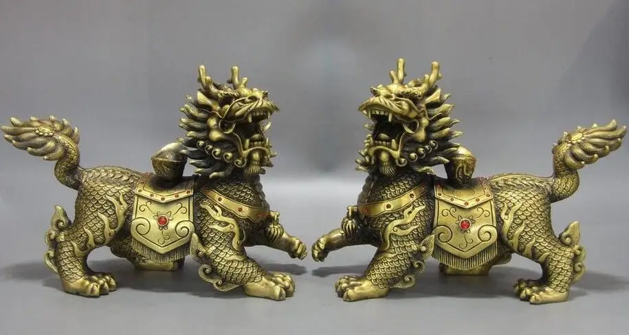 Китайская латунная статуя фэн шуй Дракон Yuanbao Phoenix Fu Foo Dog Lion Kirin kylin|Статуи и
