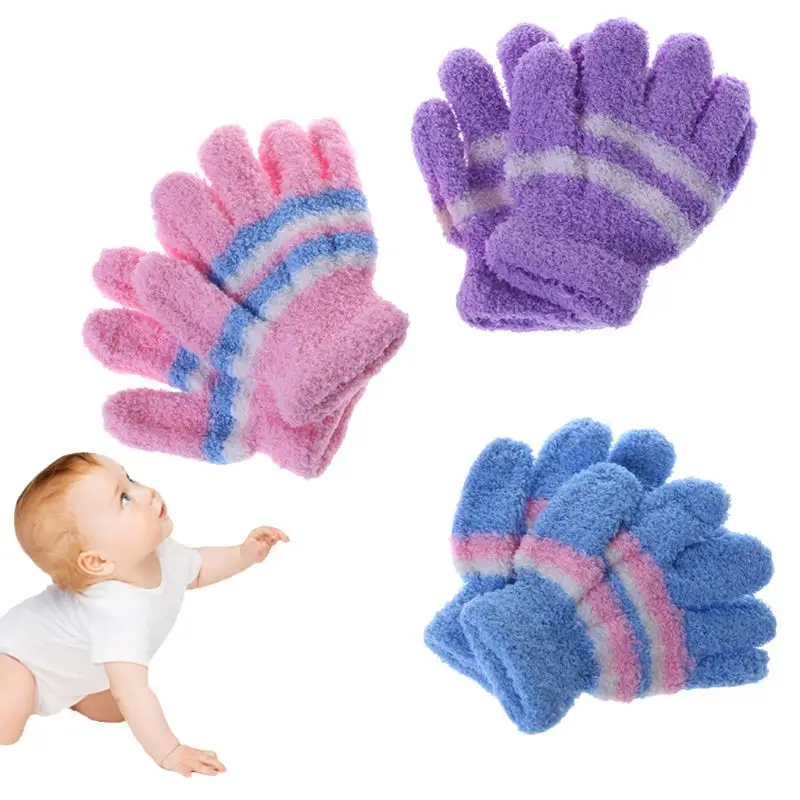 1 пара Детские теплые зимние перчатки полный палец тепловой коралловый флис дети мальчики девочки красочные полосы мягкие эластичные перчатки