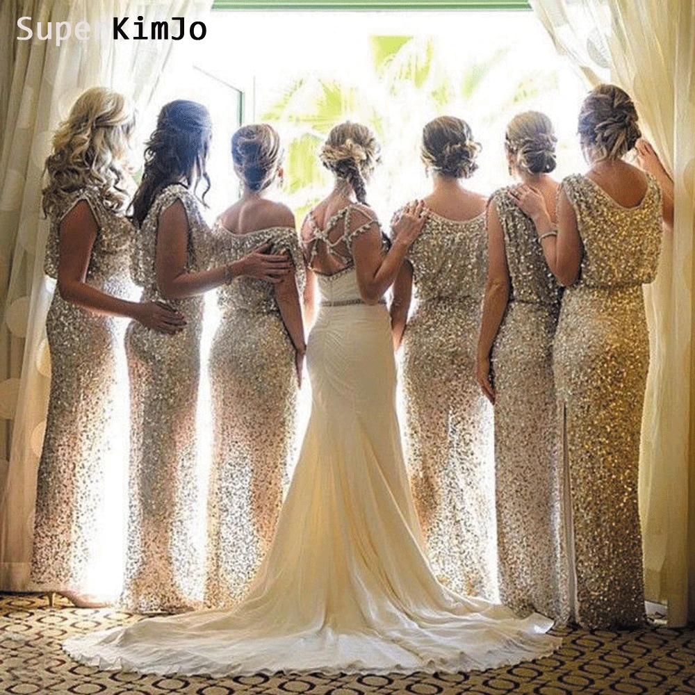 

SuperKimJo Gold Sequin Bridesmaid Dresses Long 2019 Sparkle Mermaid Cheap Custom Wedding Party Dress Vestido De Festa Longo