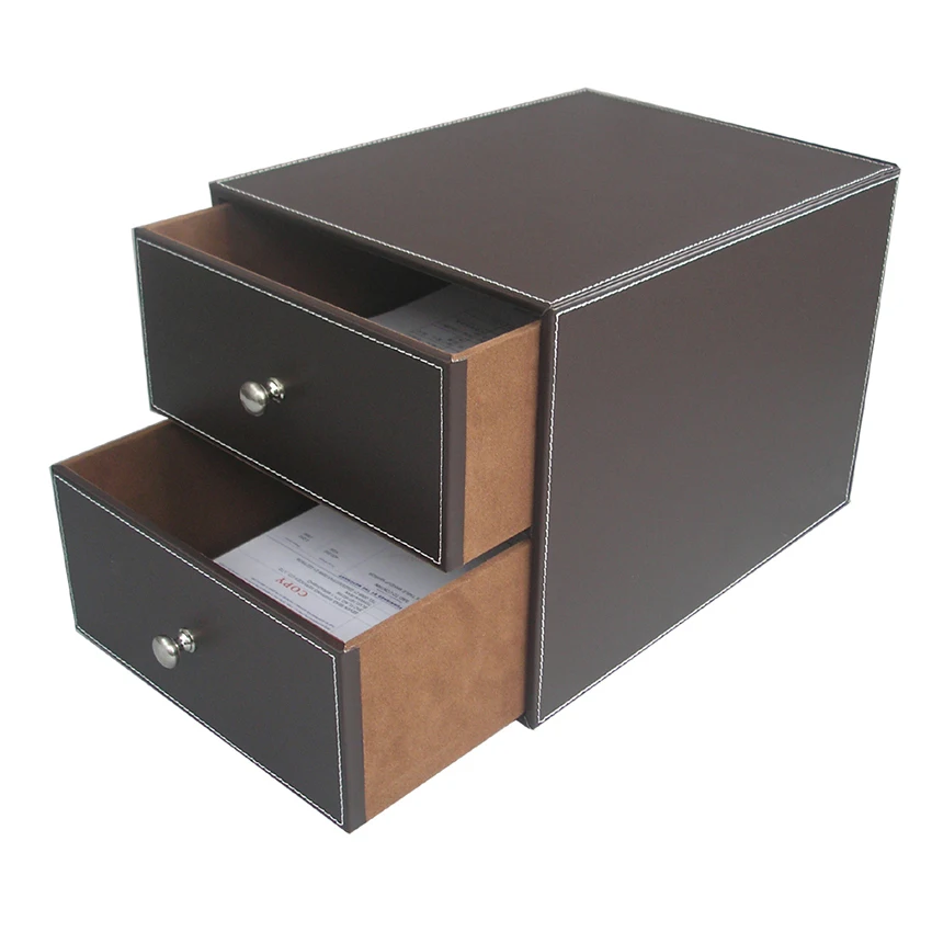 Brown 2 Drawer Leather Office Desk File Organizer Holder File