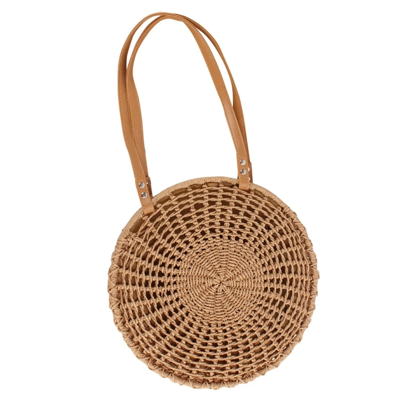 

New Round Woven Straw Beach Bag Vintage Handmade Woven Shoulder Bag Circle Rattan Bags Bohemian Summer Vacation Casual Bags