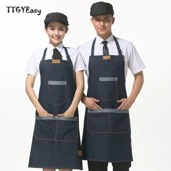 

New BBQ senior Denim apron Cowboy for women men pocket,kitchen Chef Uniform Unisex apron waitress Restaurant Coffee Bar Cooking