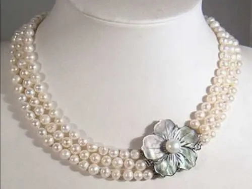 

LiiJi Unique Wholesale Fashion Natural White Freshwater Pearl 3 Rows 7-8mm Handmade carving shell flower clasp 17inch-19inch