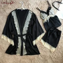 Комплект из 3 предметов, сексуальный шелковый халат, кружевной Короткий халат для женщин, весенние летние Халаты женские пижамы, пижамный комплект, халат femme