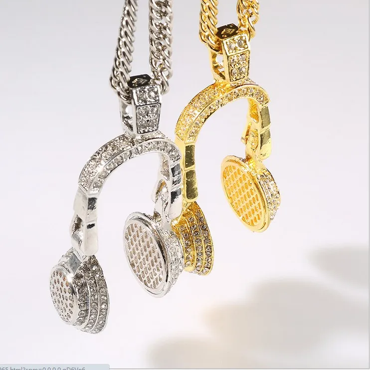 

High Quality 24K Gold Crystal Microphone Pendant Necklace Long Link Chain Hiphop Rapper Golden Necklace Men Jewelry 2016