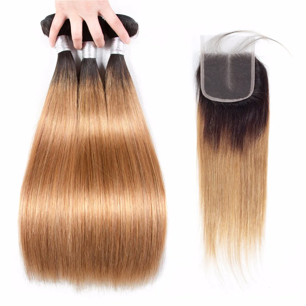 Ombre прямые волосы 3bundles с закрытием кружева 1B/27 Бразильский Волосы remy ткань натуральные волосы Связки с закрытием блеск Diva