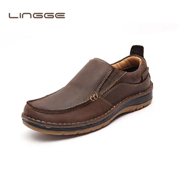 

LINGGE New Brand Genuine Leather Men Loafers Fashion Handmade Moccasins Casual Leather Shoes Men's Flats Slip On Footwear