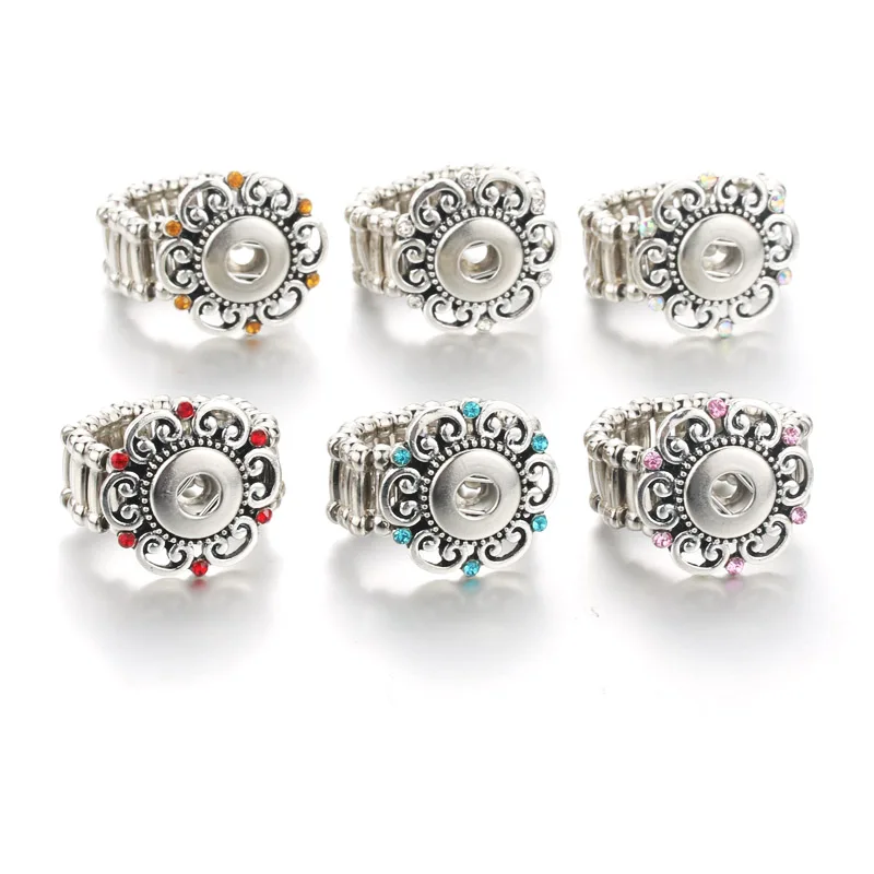 

Vintage crystal Rhinestone DIY Elastic Adjustable Snaps Ring Fit 12mm Metal Snap Buttons Women's Fashion Jewelry Mens Ring
