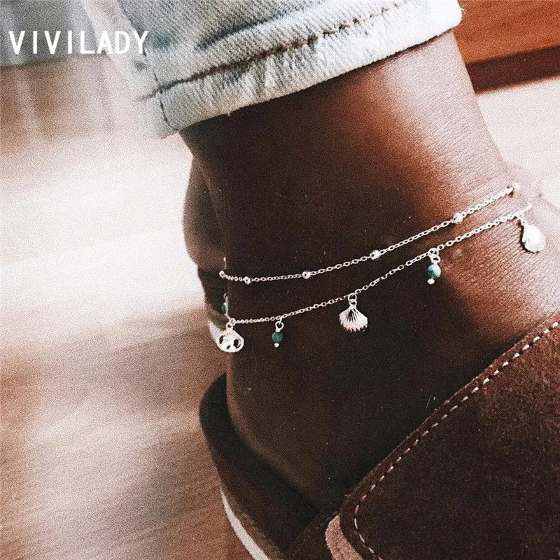 VIVILADY Tibetan Silver Color Tassel Alloy Shell Pendant Women Beach Anklets Chic Round Blue Turkish Stone Bead Foot Jewelry | Украшения и