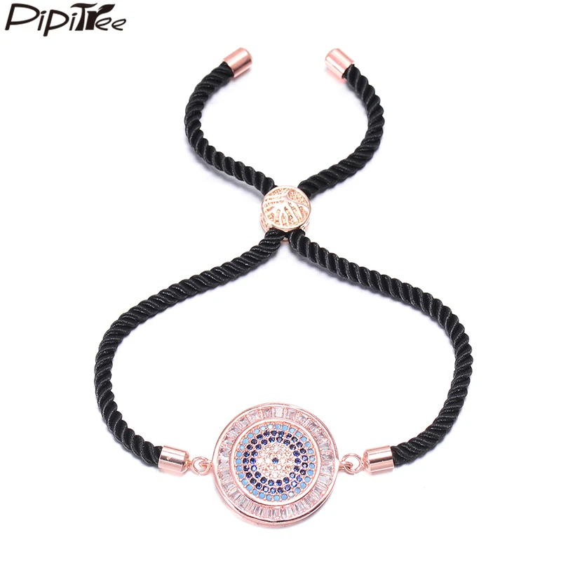 

Pipitree Luxury Full Micro Paved CZ Zircon Round Charm Woven Black Rope Bracelets Jewelry Slider Adjustable Women Bracelet Gift