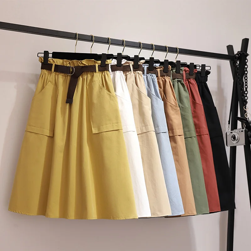 Midi Knee Length Summer Autumn Skirt Women No Belt Casual Cotton Solid ...