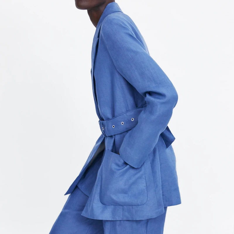 YNZZU Summer blue with belt blazer 2019 new arrivalTurn down collar loose women jacket Linen pocket office lady blazer YO804