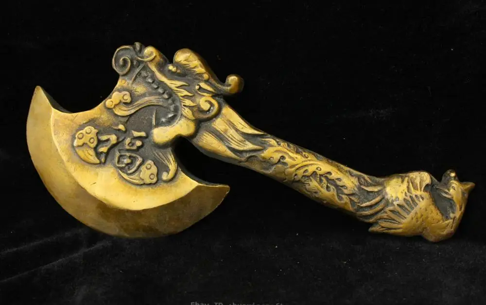 10" Chinese Old yellow Bronze Handmade animal dragon phoenix ax axe