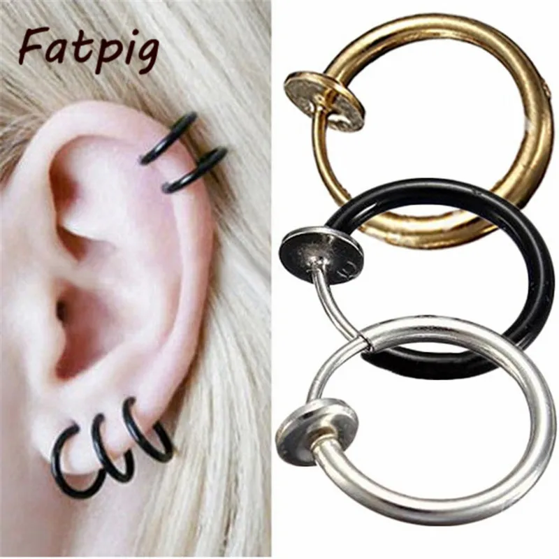 

2pcs/pair Fake Stud Earrings Goth Punk Clip On Piercing Body Nose Lip Rings Hoop Ear