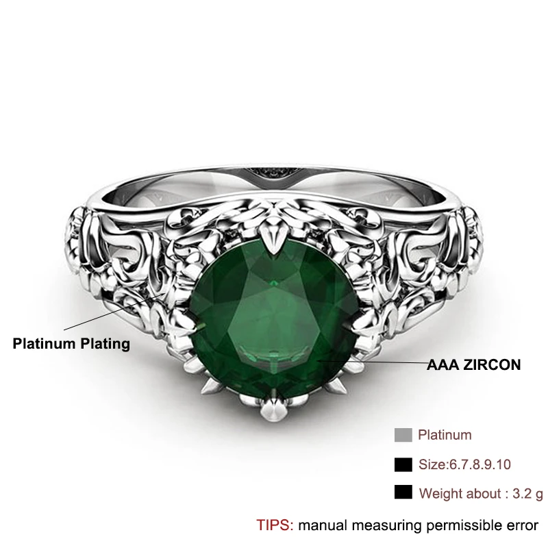 Готическое кольцо с зеленым кристаллом, кубическим цирконием, обручальное кольцо с белым серебром, CZ камень, кольца для женщин, вечерние ювелирные изделия, подарок anillos