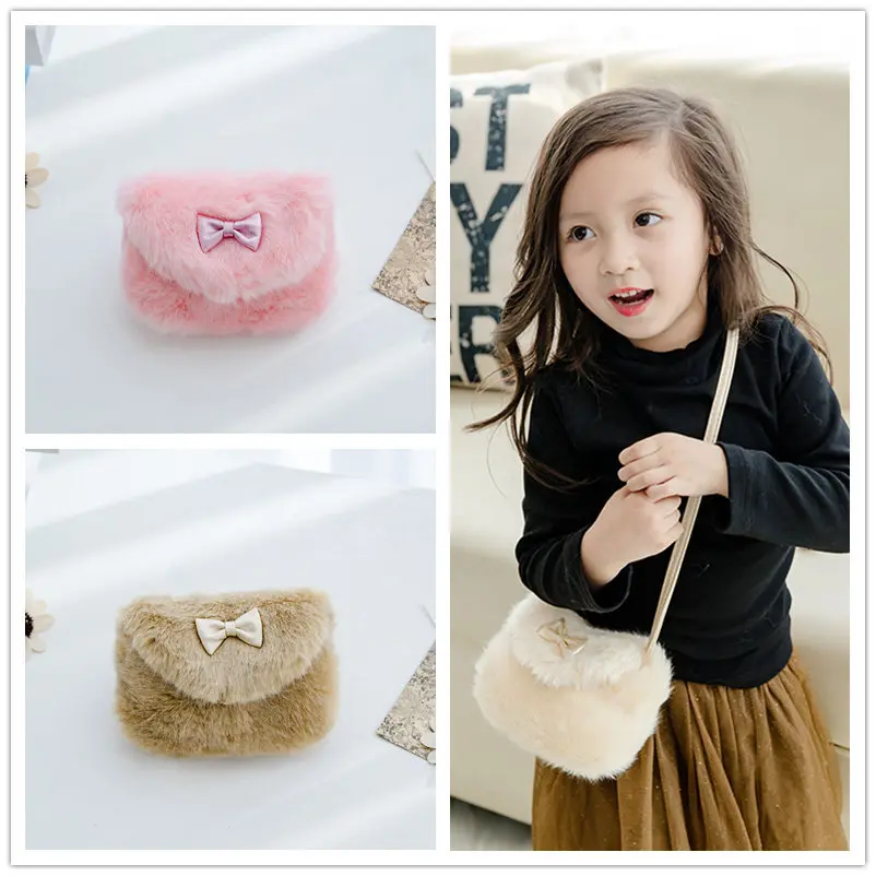 

2018 Cute Kids Girls Mini Messenger Bag Faux Fur Crossbody Bag Baby Girl Princess Bow Handbags Satchel Shoulder Bags Gifts