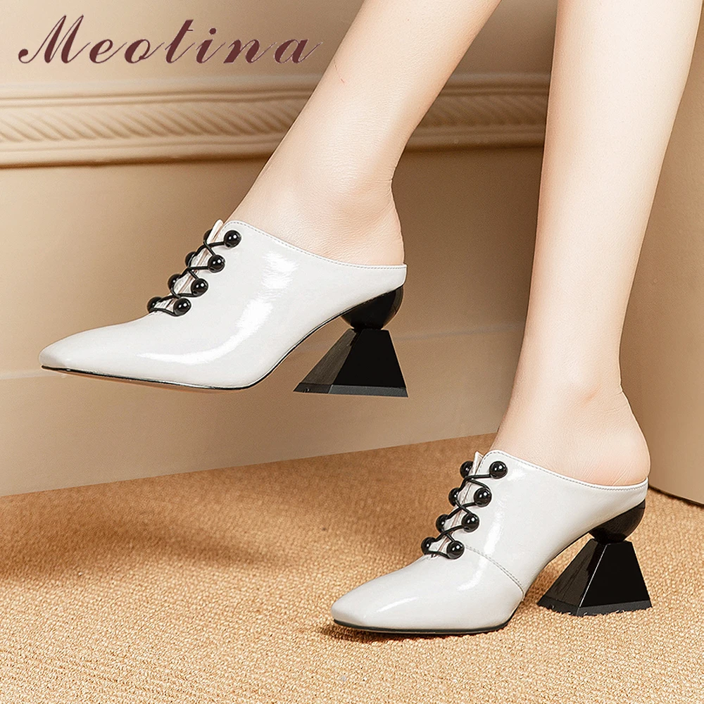 

Meotina High Heels Women Mules Shoes Natural Real Leather Strange Style High Heels Shoes Cow Leather Square Toe Pumps Lady 34-39