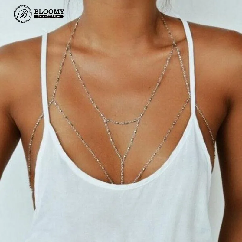

Sexy Bikini Beach Chest Chain Gold Silver Color Body Chain Jewelry Women Multilayer Sexy Beach Bikini Harness Chain Necklace