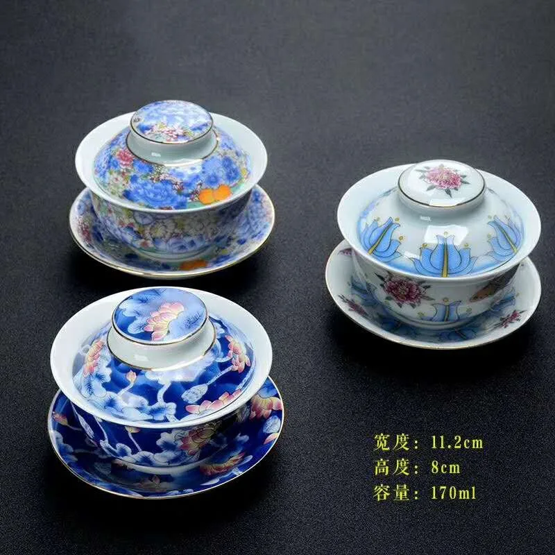 

Wholesale Blue and White Porcelain Kung Fu Tea Set Blue and Blue Three Bowls Ceramic Tea Bowl Jing Tea Bowl