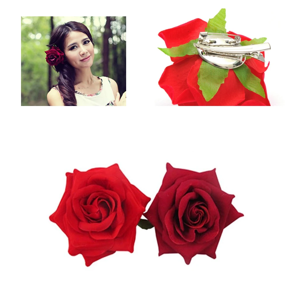 

New Hot 2 Color Hair Clip DIY Headdress Hair Accessories For Bridal Wedding Velvet Red Rose Flower Hairpin Hair Clip Tools