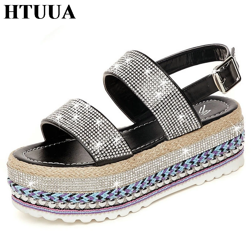

HTUUA New 2019 Fashion Crystal Women Sandals Casual Flat Heel Platform Sandals Ladies Summer Shoes Woman Slingback Sandal SX2800