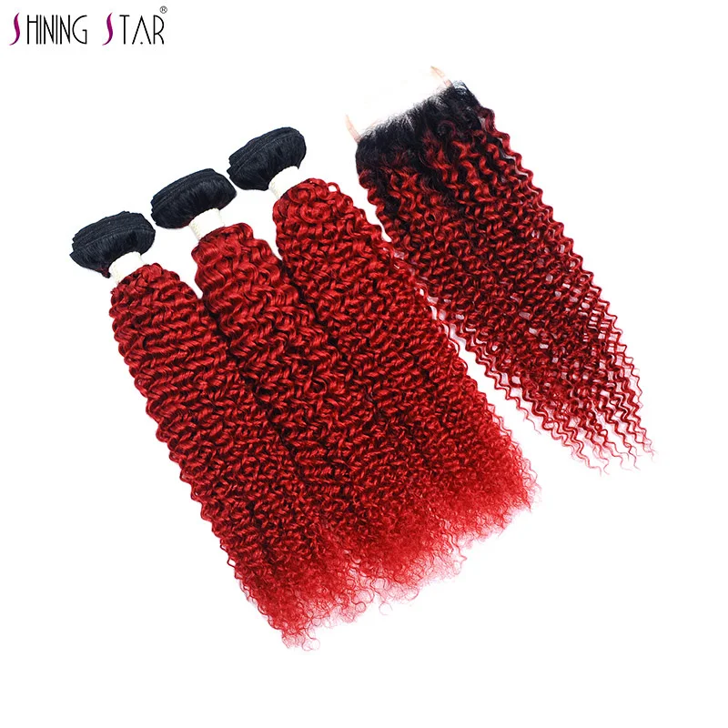 Красный Ombre Малайзии пучки вьющихся волос с закрытием 1B 99J 3 пряди кудрявых волос с закрытием Цветной человеческих волос Weave Non Remy