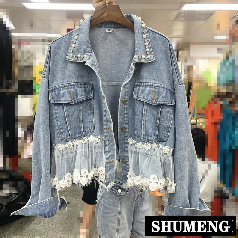 

Women Vintage Denim Coat New Autumn Fashion Bead Stitching Lace Joker Drawstring Slim Short Cowboy Coat Student Jeans Jackets