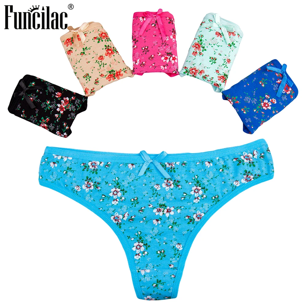 

FUNCILAC Thong for Women Sexy Floral Print G String Girls T-back Soft Panties Cotton Briefs Ladies Bikini Lingerie Hot 5 Pcs/Lot