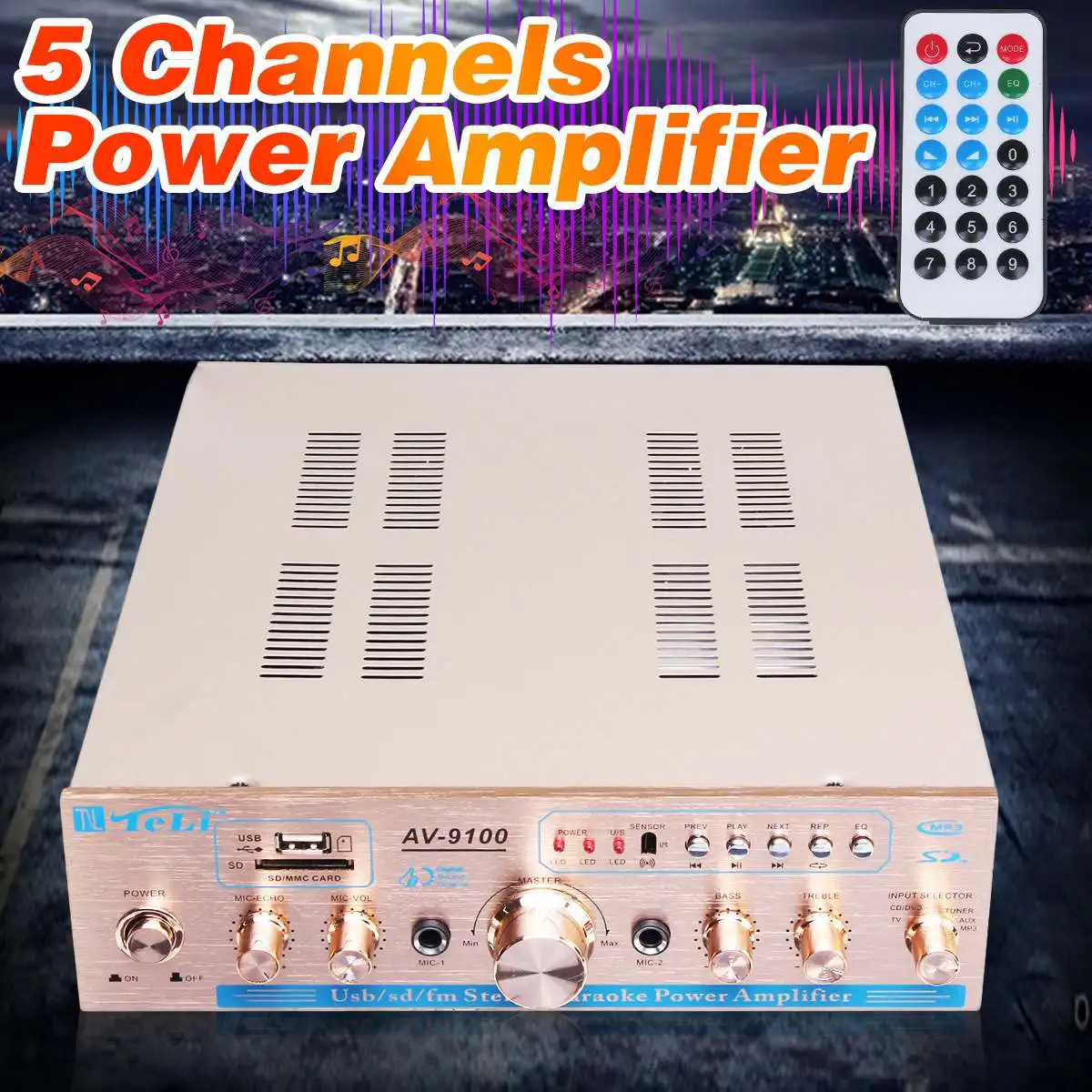 

220V 1000W HiFi Home Theater Amplifiers 5 Channel Car High Power AV Audio Amplifier Support FM/AM Radio with remote control