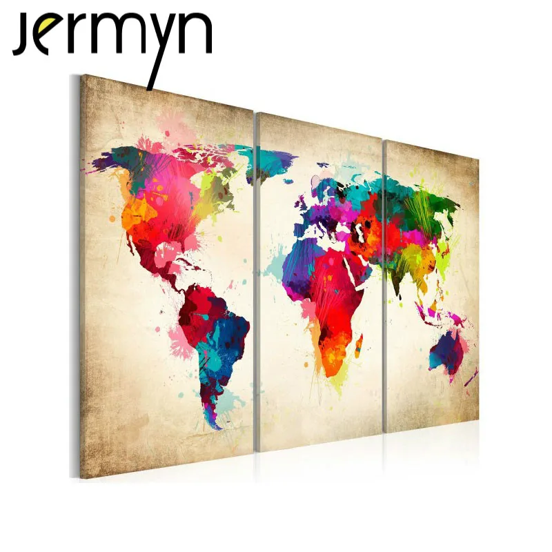 Big 3 piece Wall Art World Map oil Painting Decorative Panels Canvas