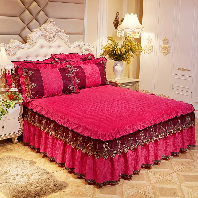 Красное, серое, бежевое, розовое, фиолетовое, синее роскошное Европейское флисовое полотно, плотное кружевное постельное покрывало, комплект постельного белья, Фланелевое покрывало, наволочка, 3 шт