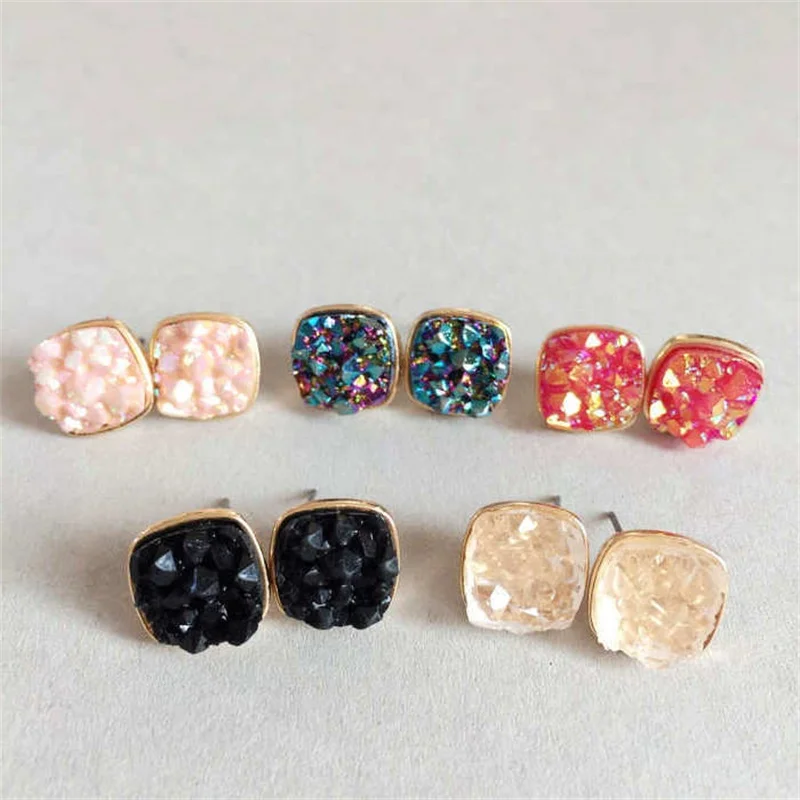 

5 Colors Square Drusy Druzy Stud Earrings Fashion Resin Lava Stone Earings Gold Color Brand Jewelry for Women