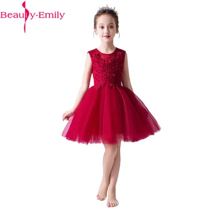 Красота Эмили Принцесса бальное платье Красный цветок платье 2019 по колено Первое Причастие Платья для девочек пышное платье детское