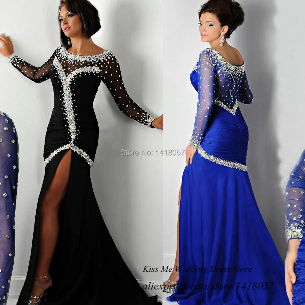 New Fashion Couture Black Royal Blue Long Sleeve Evening Dress Crystals