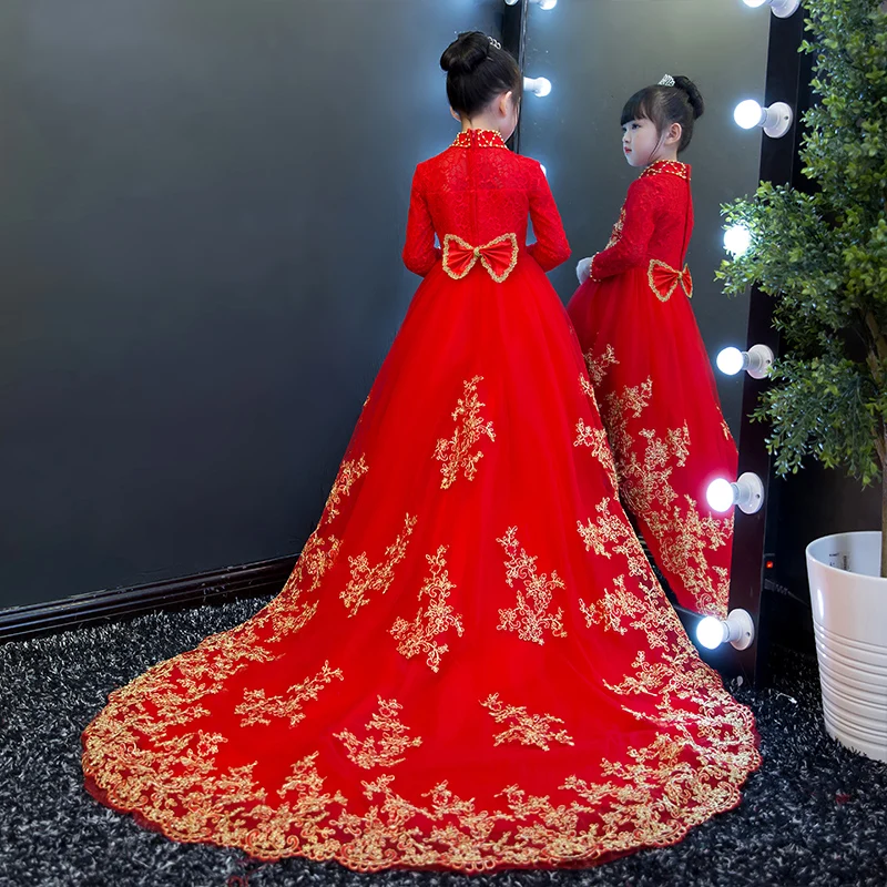 2017 New Luxury Children red Color lace short front long back trailing dress wedding big sequin bow birthday party wear dresses