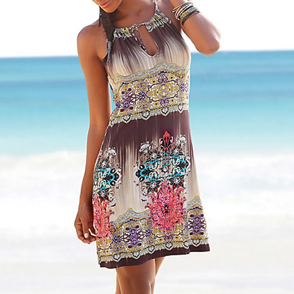 

Backless Party dress Casual Women Halter Neck Boho Print Sleeveless Casual Mini Dresses ladies spaghetti strap Sundress vestido